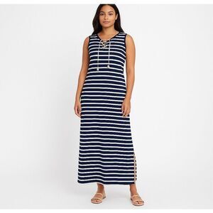 Womens Summer Boho Maxi Dress Tribal femme Size XS Navy Stripe Gold Tie Tassel